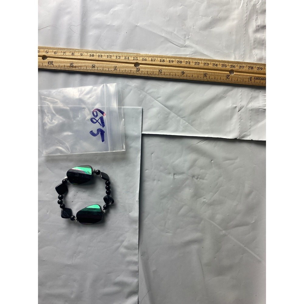 Black Beaded Stretch Bracelet with Green Accent Stones - Picture 2 of 3
